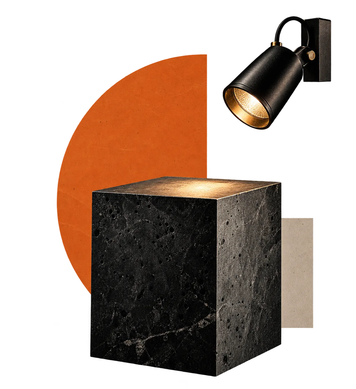 Collage: empty stone plinth under a gallery spotlight